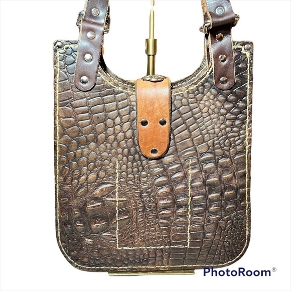 Handcrafted structured urban raw edge leather croc embossed shoulder bag NWOT - Picture 3 of 12